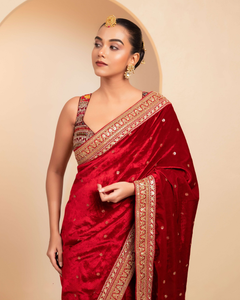 Maroon Velvet Berry Blockbuster Saree with Blouse