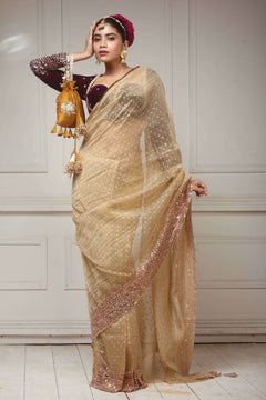 Brushed Gold Crush Tissue Saree with Dark Purple Velvet Embroidered Blouse