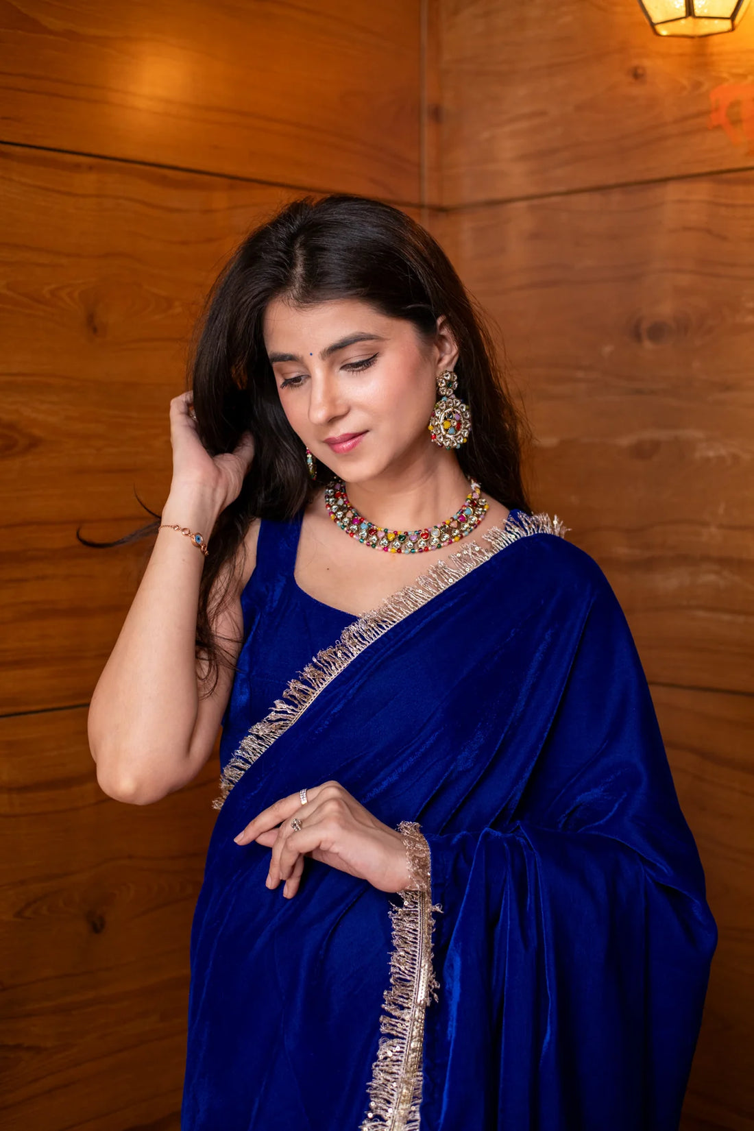 Velvet Electric Blue Ready-to-Wear Saree with blouse- By Reet Lifestyle