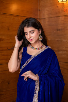 Velvet Electric Blue Ready-to-Wear Saree with blouse- By Reet Lifestyle