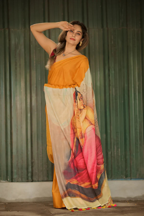Rajsi Raaz Mustard Muse Mul Mul Printed Saree