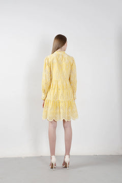 Yellow Cotton Schiffli Embroidered Mini Dress