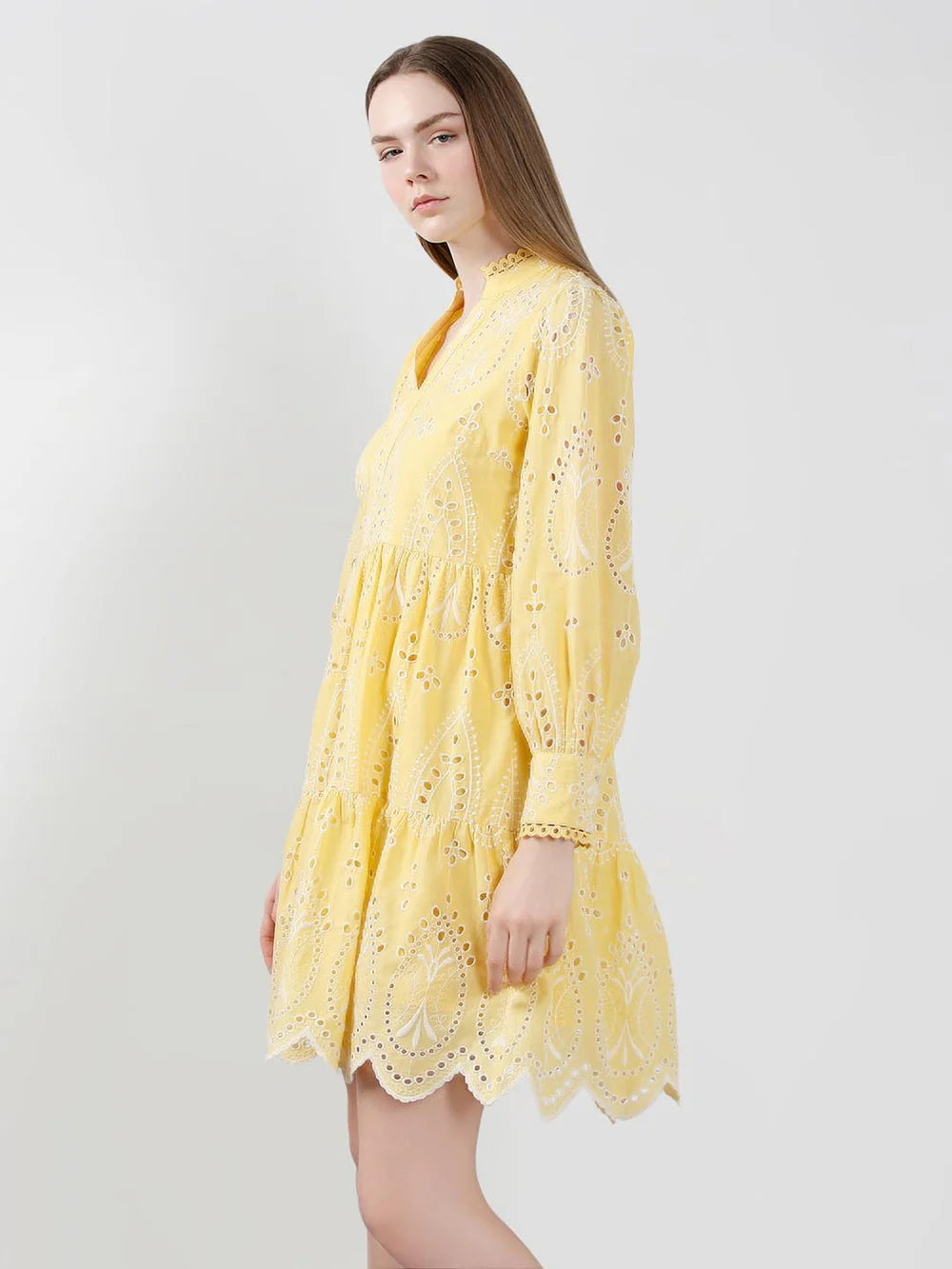 Yellow Cotton Schiffli Embroidered Mini Dress