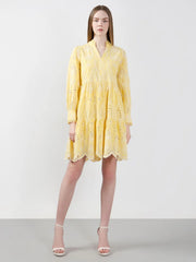 Yellow Cotton Schiffli Embroidered Mini Dress