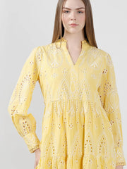 Yellow Cotton Schiffli Embroidered Mini Dress