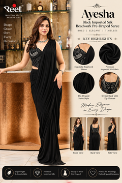 Ayesha Black Imported Silk Beadwork Pre-Draped Saree