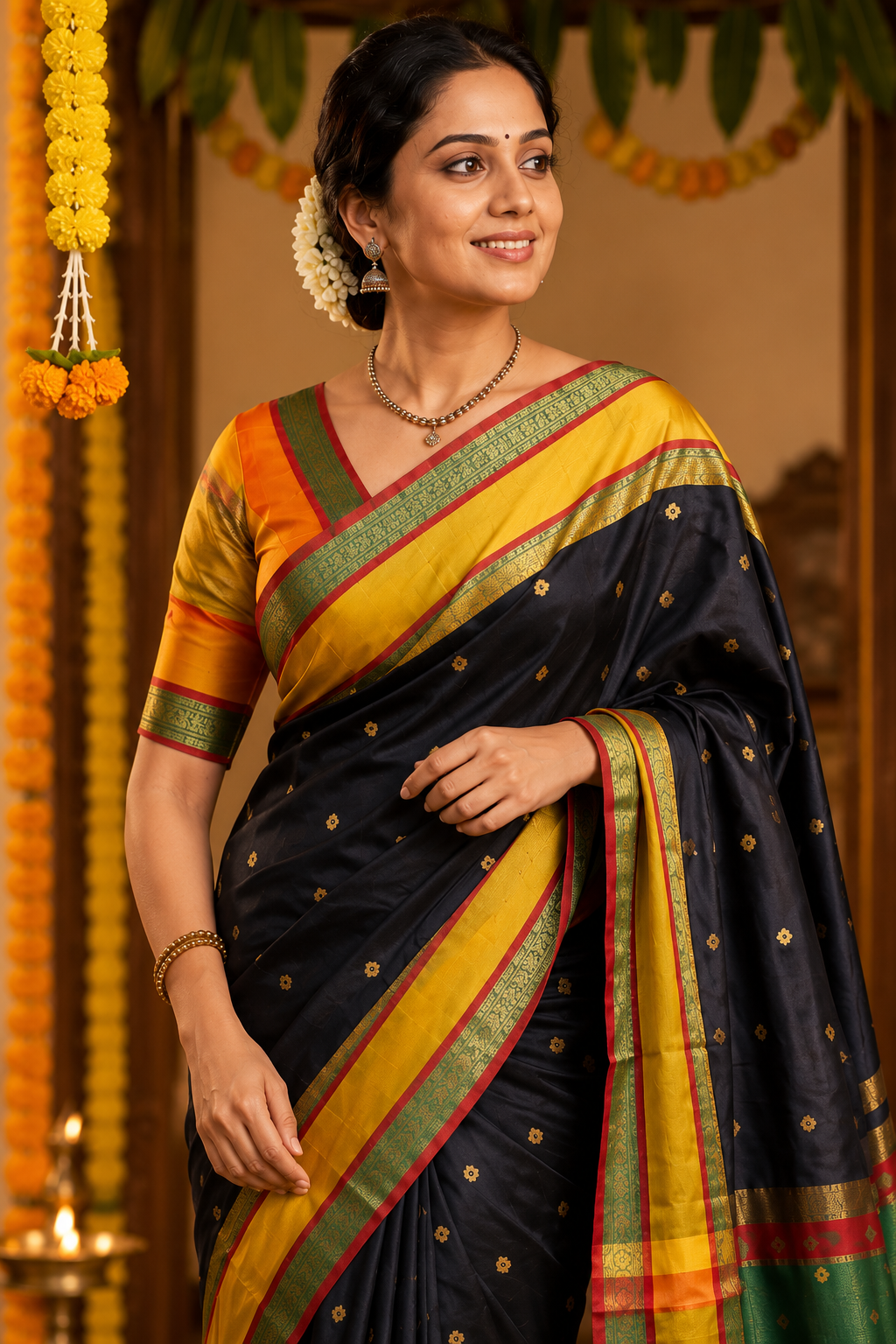 Rajsi Jet Black Gadwal Semi Silk Saree