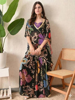 Midnight Bloom Crop Top with Kaftan and Sharara Set