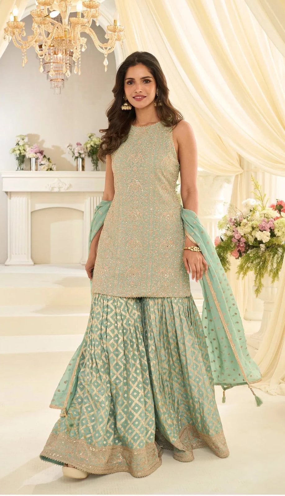 Pastel Mint Green Embroidered Top Bottom Set with Dupatta