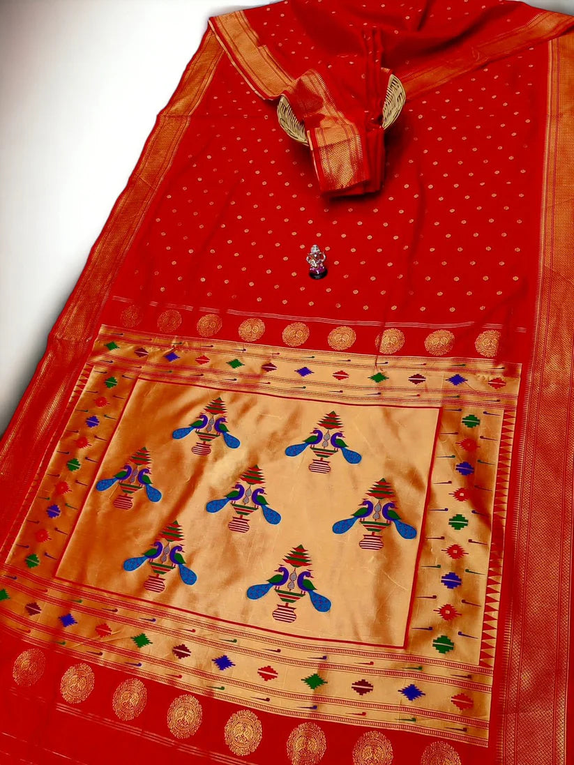 Sindoori Red 9 Yard Soft Silk Paithani Saree with Kalash Peacock Pallu