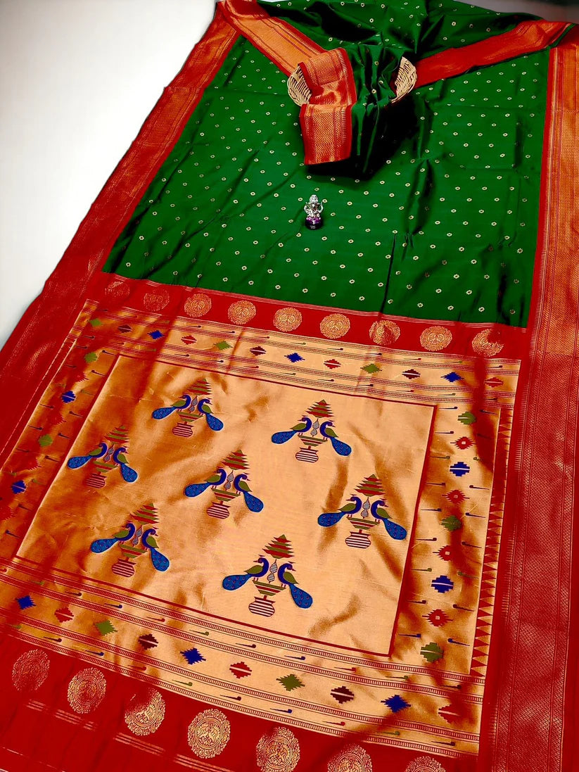 Sindoori Red 9 Yard Soft Silk Paithani Saree with Kalash Peacock Pallu