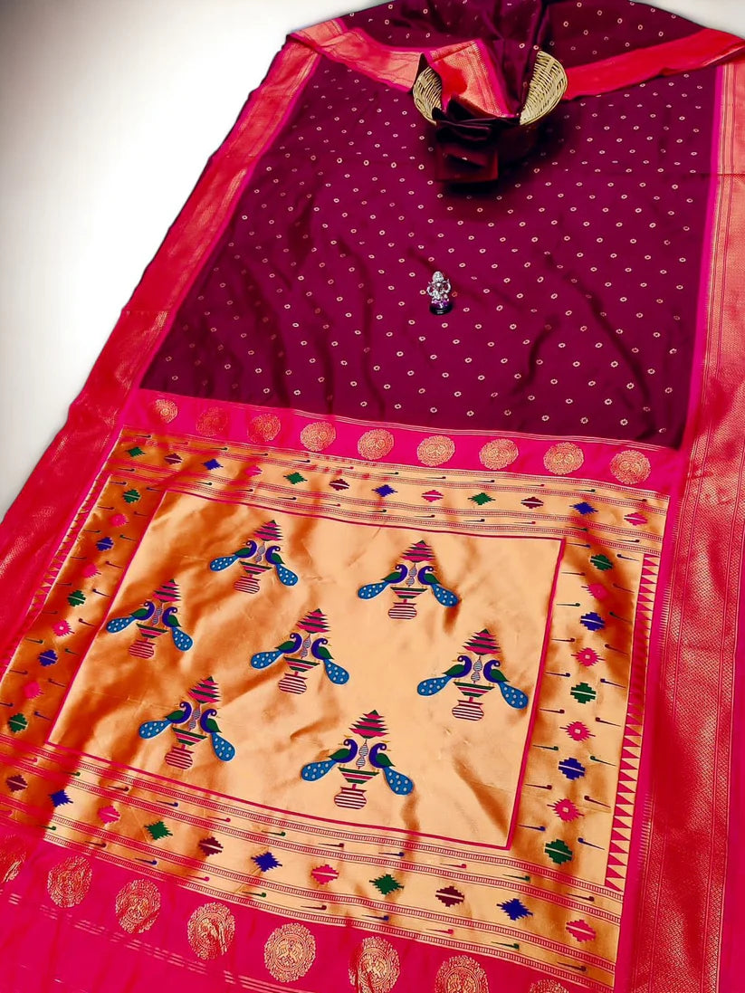 Sindoori Red 9 Yard Soft Silk Paithani Saree with Kalash Peacock Pallu