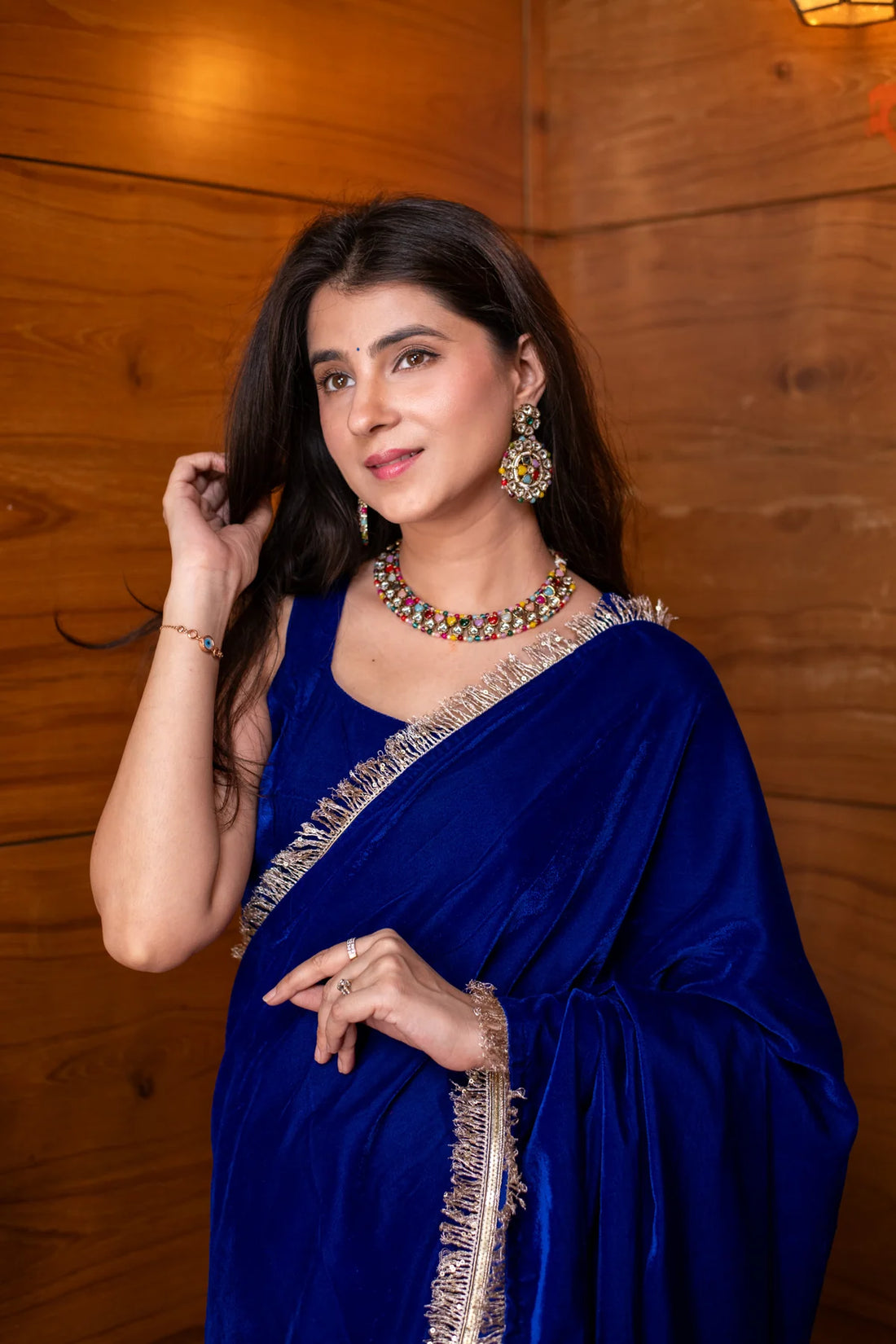 Velvet Electric Blue Ready-to-Wear Saree with blouse- By Reet Lifestyle