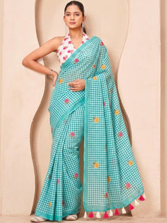 Silk Floral Checked Woven Design Border Saree