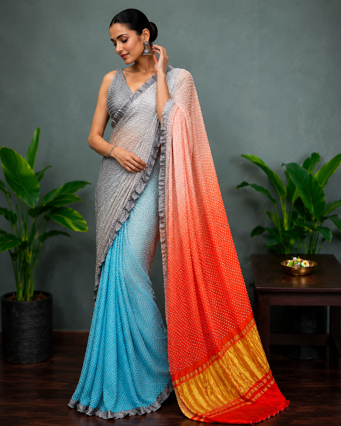 Gujrati Gaji Silk Rasmandal Bandhej saree with blouse