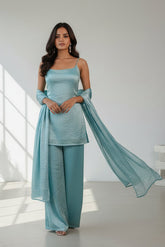 Aqua Sheen Evening Ensemble Dress Set