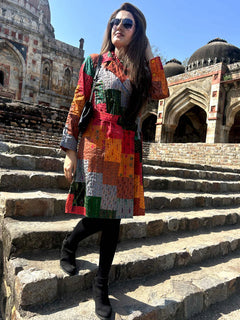 Autumn Patola Silk Patchwork Kantha Trench Coat