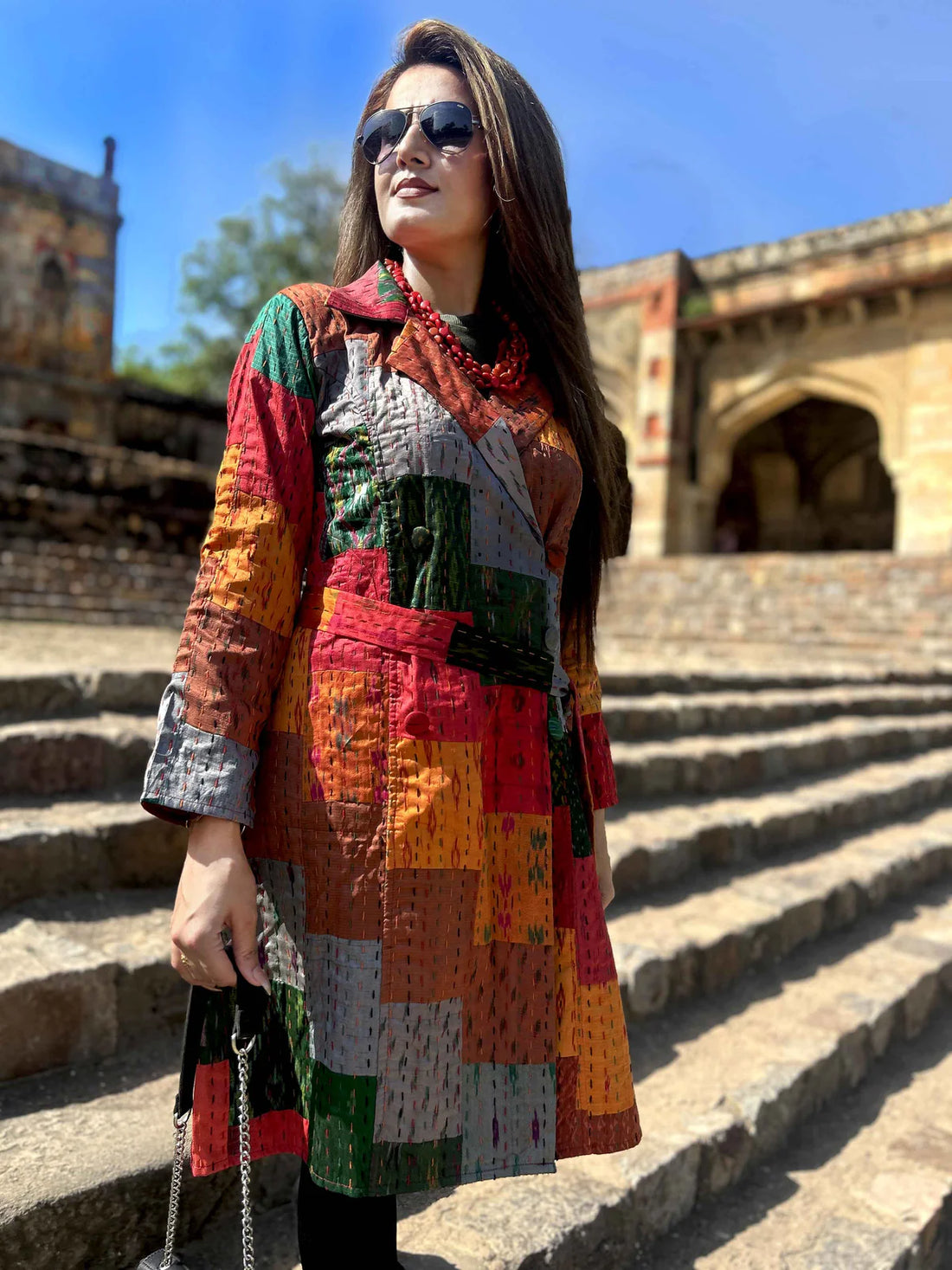 Autumn Patola Silk Patchwork Kantha Trench Coat