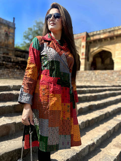 Autumn Patola Silk Patchwork Kantha Trench Coat