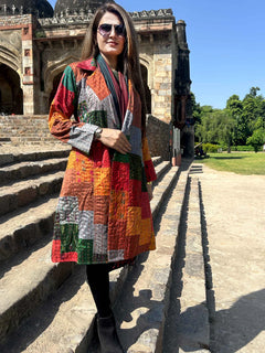 Autumn Patola Silk Patchwork Kantha Trench Coat