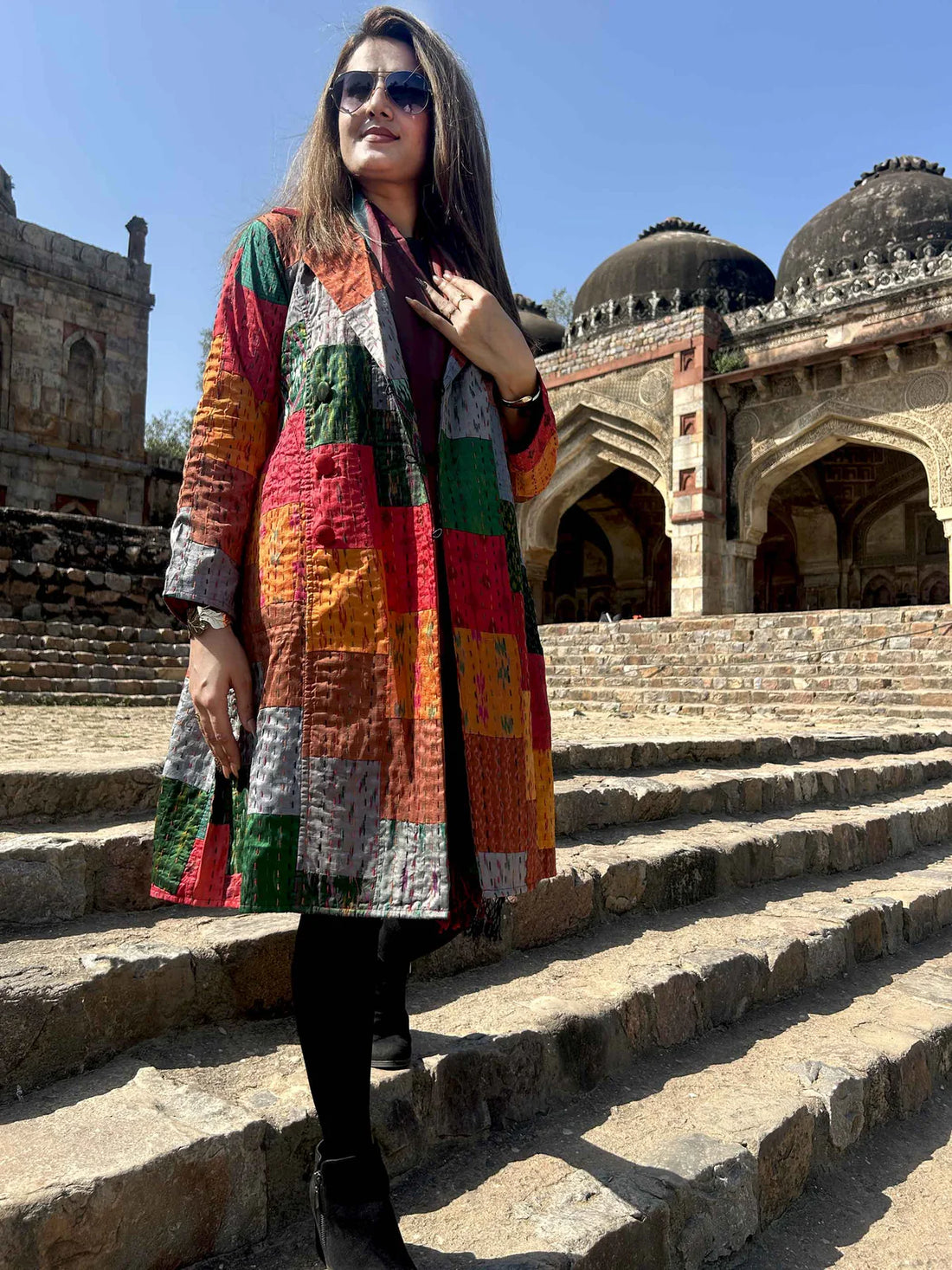 Autumn Patola Silk Patchwork Kantha Trench Coat