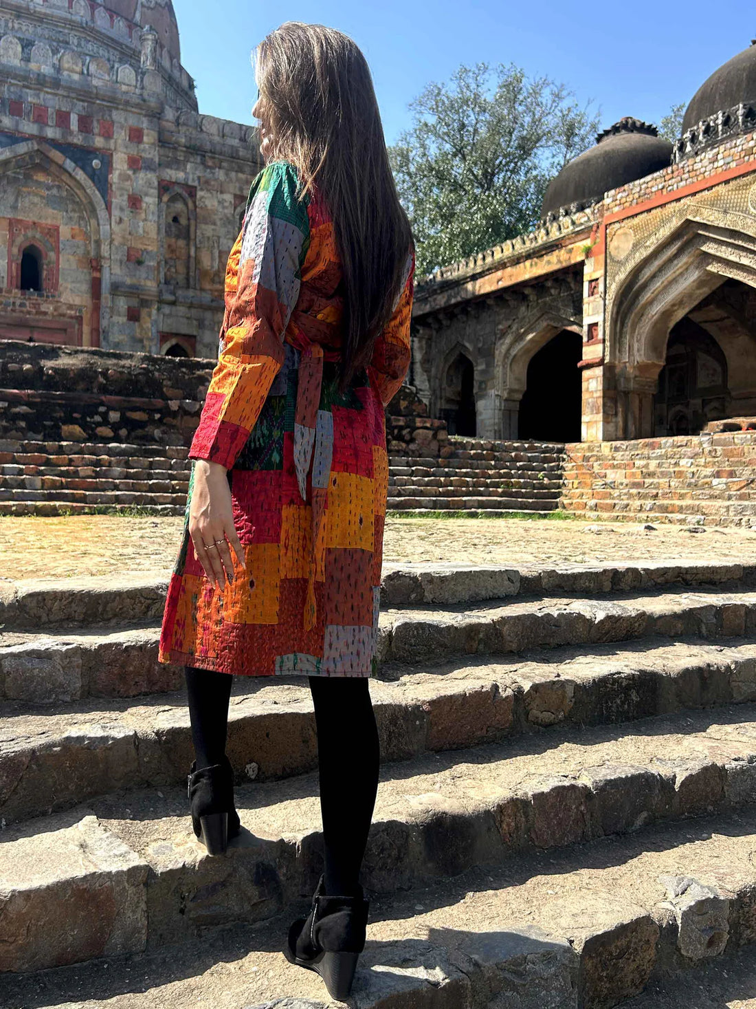 Autumn Patola Silk Patchwork Kantha Trench Coat