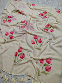 Sunshine Yellow Hand-Painted Tulip Mul Cotton Saree