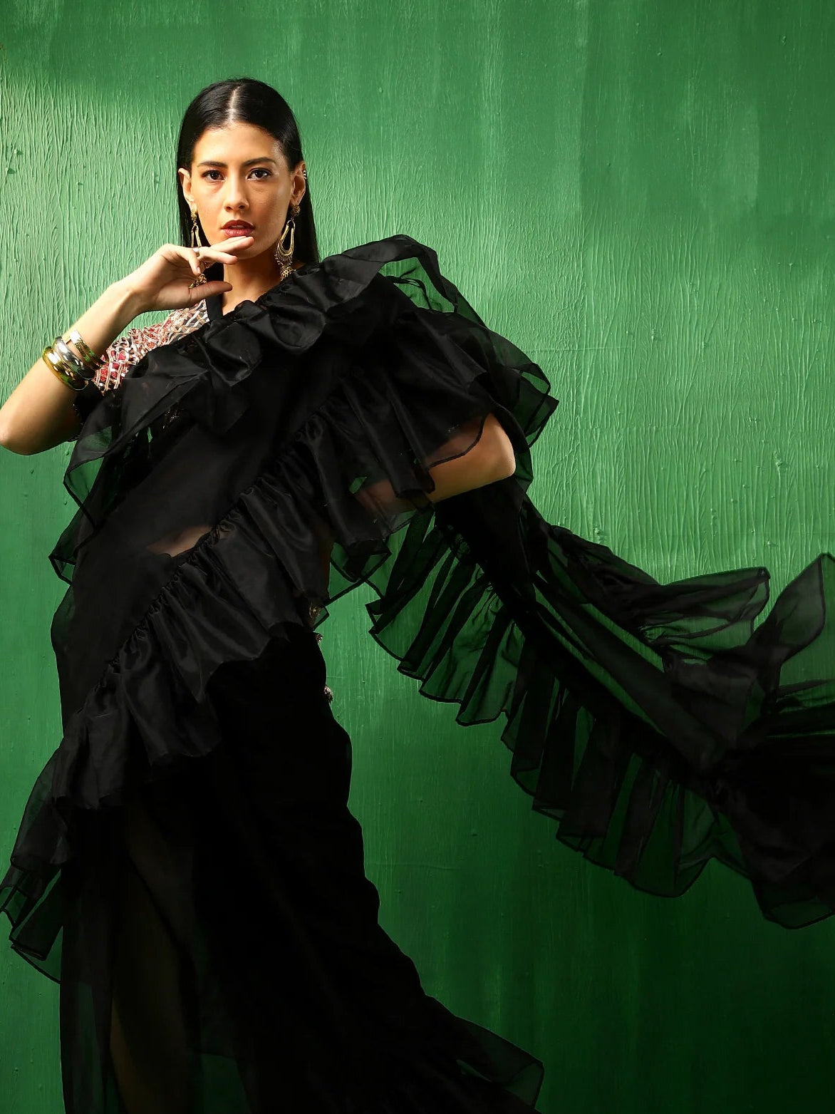Adaa Black Organza Ruffle Saree