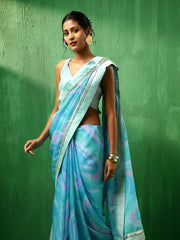 Adaa Blue Marble Print Organza Saree