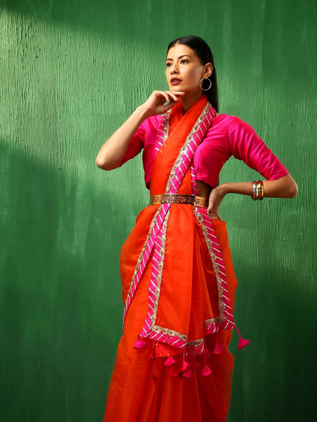 Adaa Pink Border Orange Organza Saree