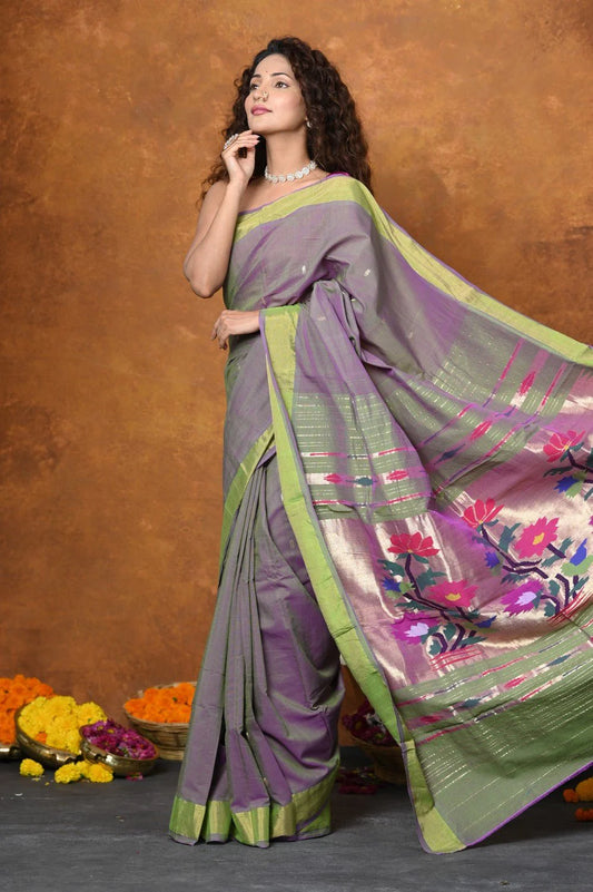Pure Cotton Handloom Paithani Saree Dual Tone Green & Pink