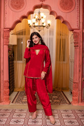 Chinon Red Short Kurta Farshi Salwar