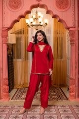 Chinon Red Short Kurta Farshi Salwar