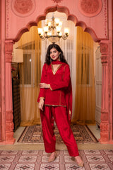 Chinon Red Short Kurta Farshi Salwar