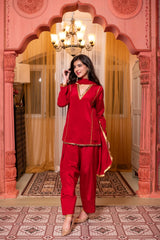 Chinon Red Short Kurta Farshi Salwar