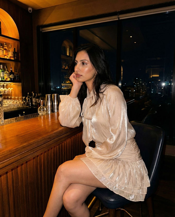 Champagne Glow Satin Tie-Neck Ruffle Mini Dress for Women