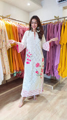 Off White and Pink Rose Kaftan Dress