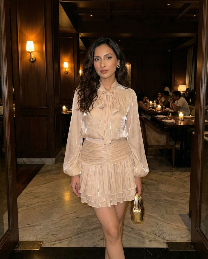 Champagne Glow Satin Tie-Neck Ruffle Mini Dress for Women