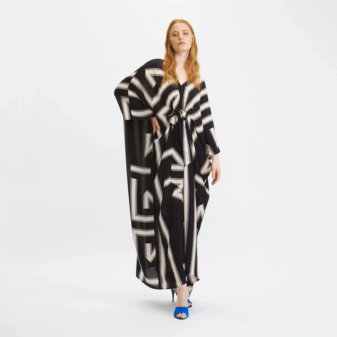 Black Geometric Belted Kaftan Dress