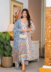 Angrakha Cotton Anarkali Suit Set with Mulmul Dupatta