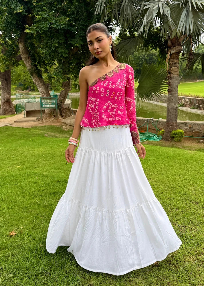 Pink Bandhani Silk Asymmetric Top
