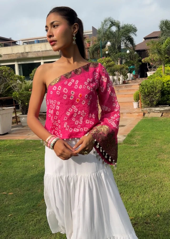 Pink Bandhani Silk Asymmetric Top