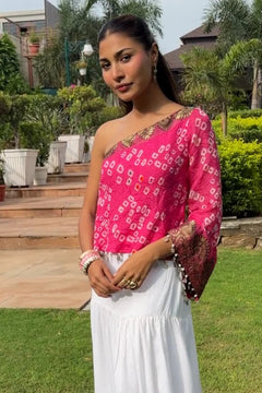 Pink Bandhani Silk Asymmetric Top