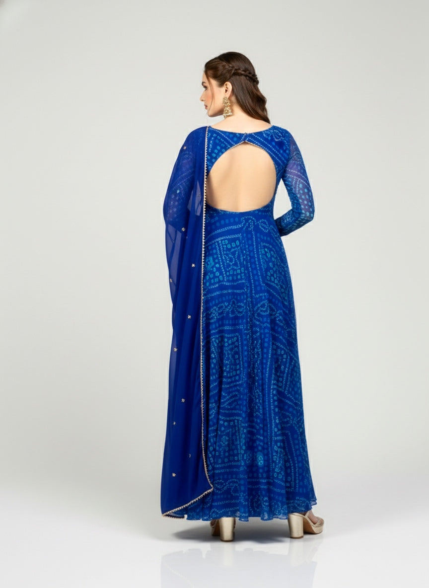 Bandhani Asymmetric Neck Anarkali with Dupatta