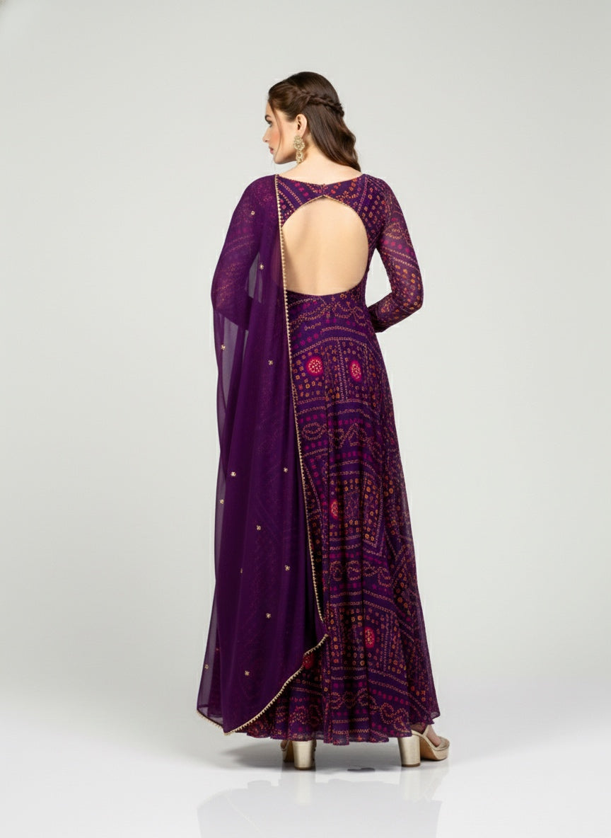 Bandhani Asymmetric Neck Anarkali with Dupatta