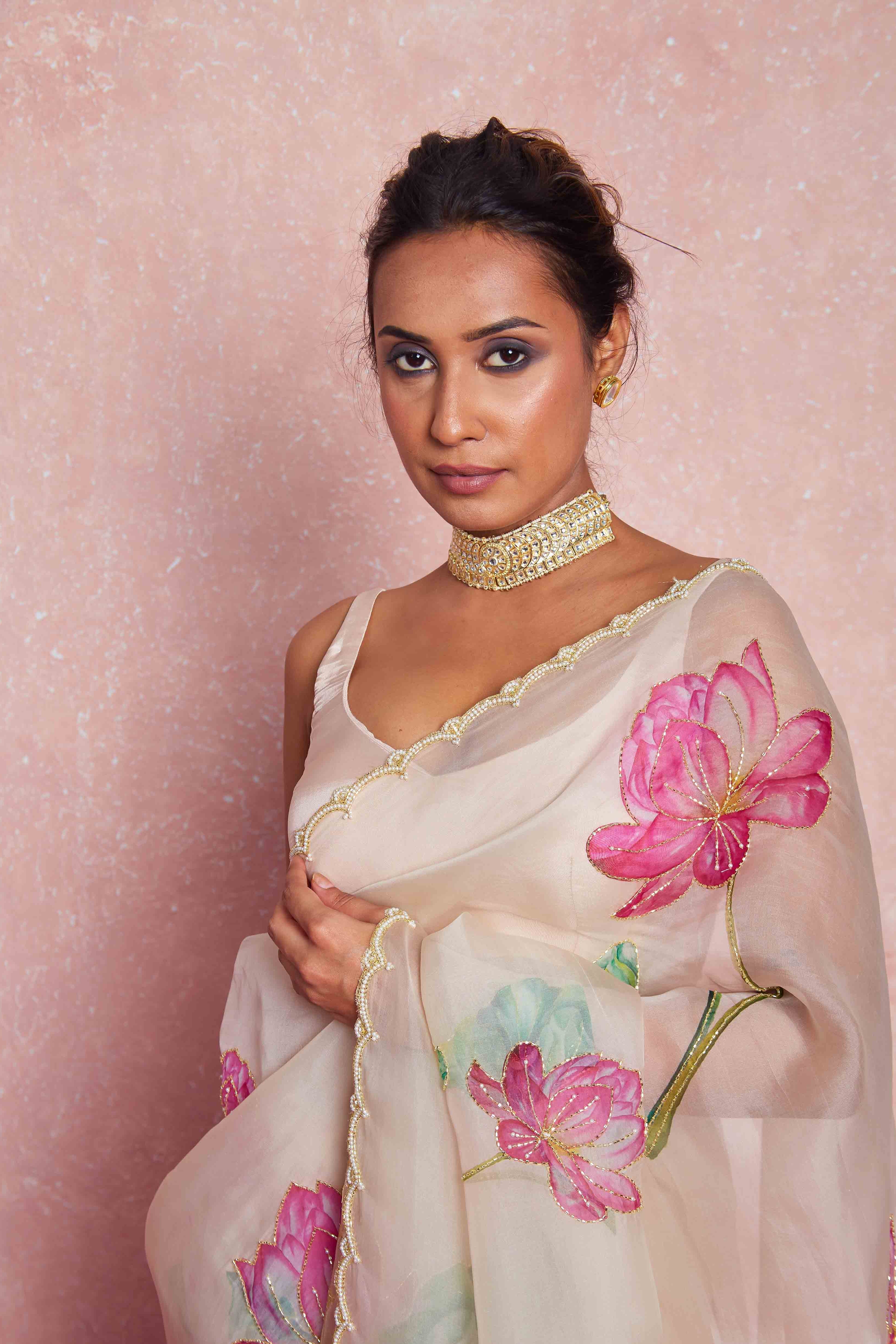 Kamal Beige Organza Silk Saree