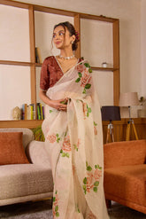 Beige Organza Silk Saree