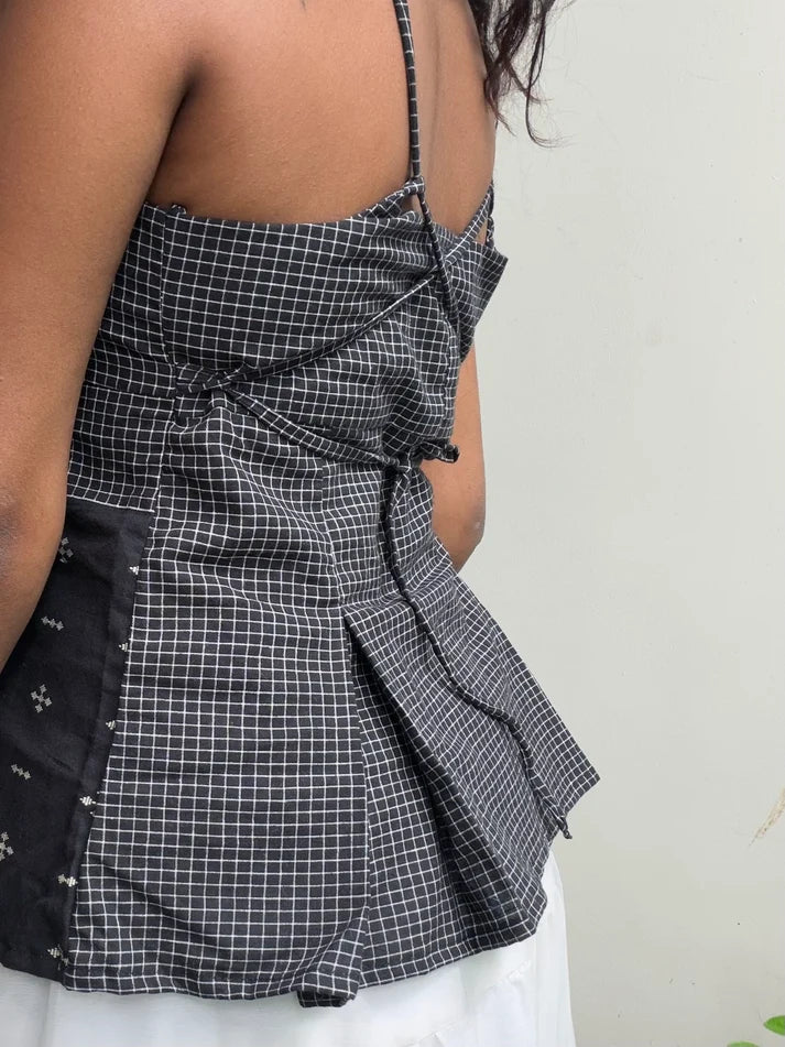 Black Jamdani Check Peplum Top