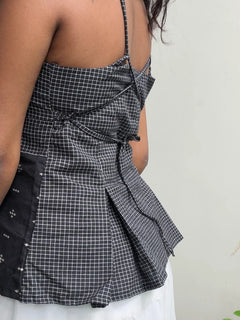 Black Jamdani Check Peplum Top