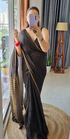 Golden Zari Check Mul Cotton Saree